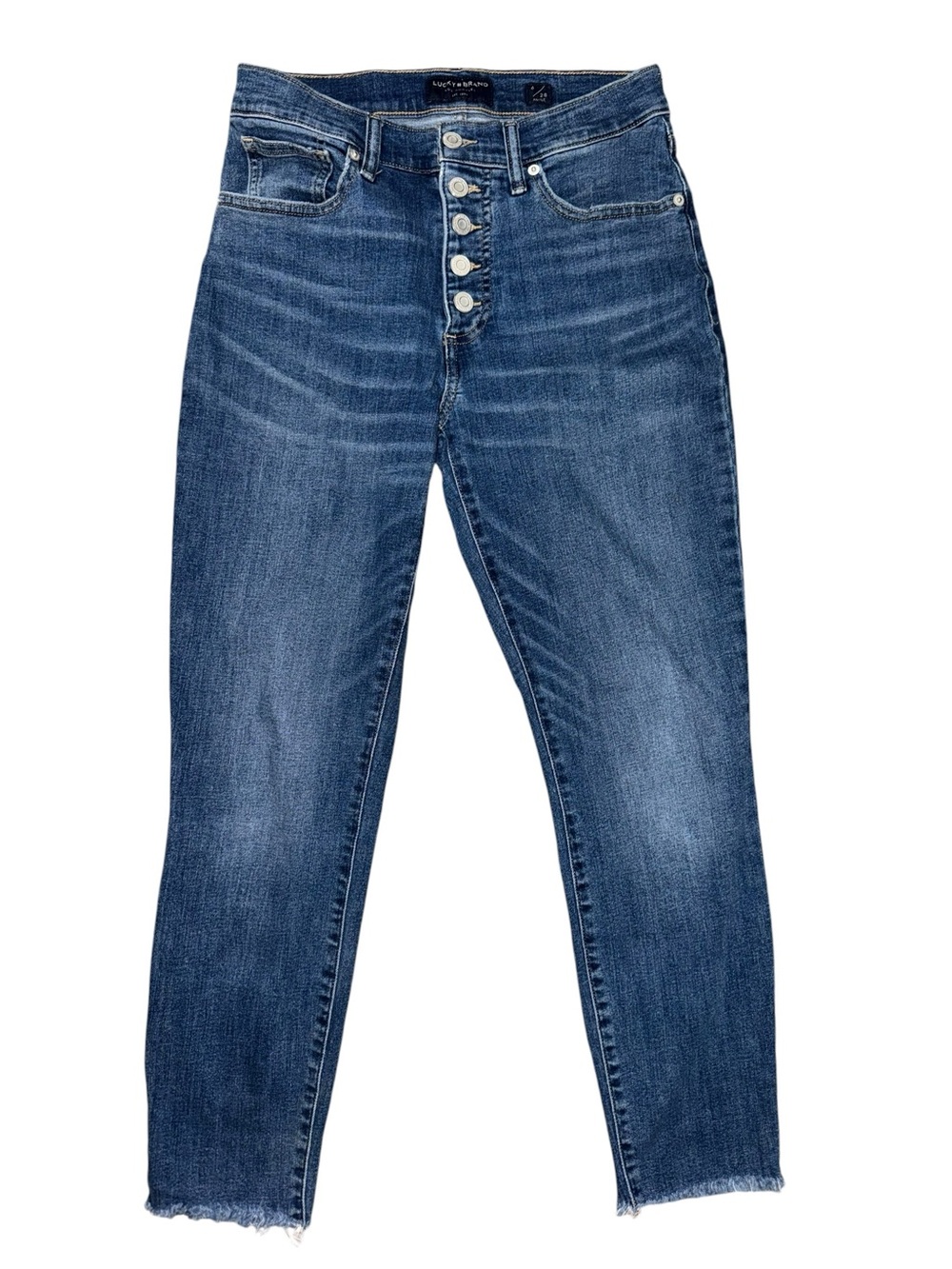 Lucky Brand Women’s Button Fly Ankle Jeans Size 6/28 Blue High Rise Raw Hem